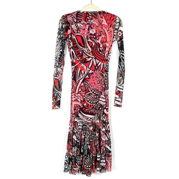 FUZZI Mystical Print Long Sleeve Midi Dress Ruby Red V-Neck Mesh Y2K 90s Sz S - Picture 11 of 11